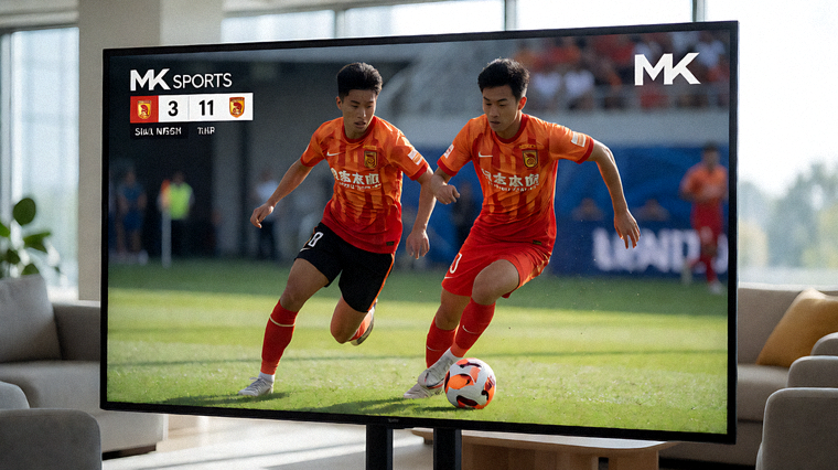 MK SPORTS 直播中心页面中的足球赛事实时画面与比分信息